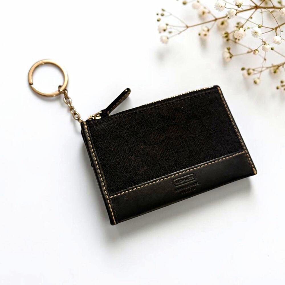Vintage COACH Signature Black Leather Logo Zip Card Case Key Chain Keyring 4041